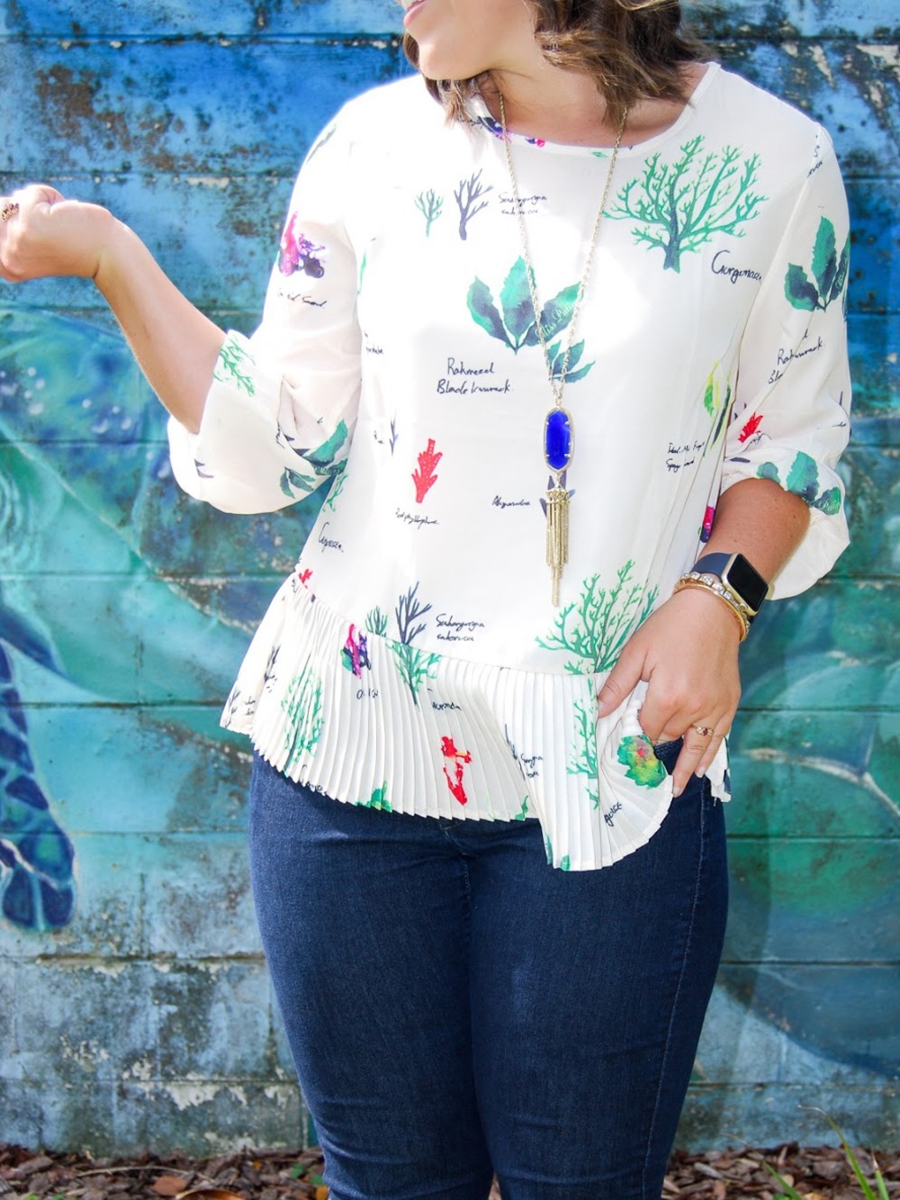 Botanical Marine Print Long‑Sleeve Top - Names of Algae- Miss Patina
